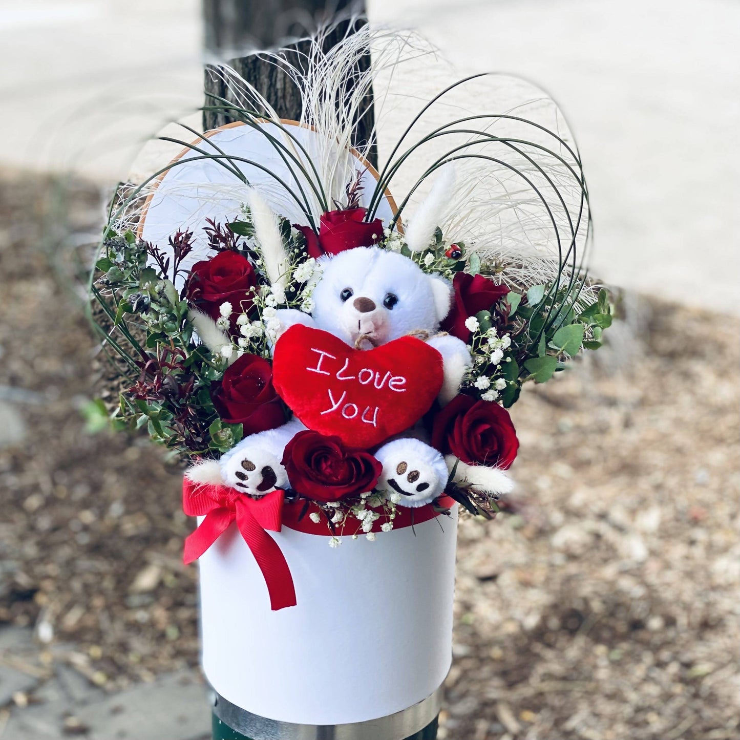 Same Day Flower Delivery - Teddy Love Hat Box Roses - Naz Flowers and Gifts