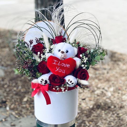 Same Day Flower Delivery - Teddy Love Hat Box Roses - Naz Flowers and Gifts